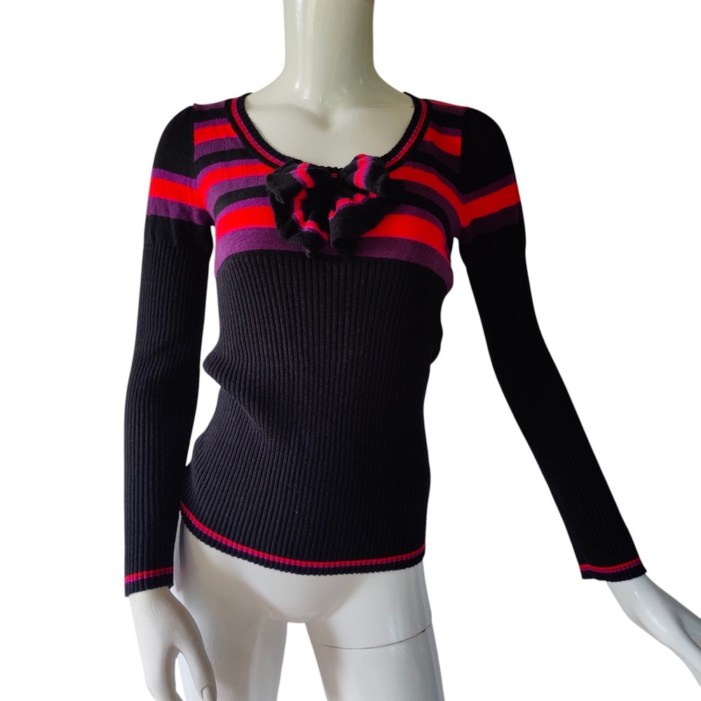 DKNY Y2K Striped Ribbed Sweater Bow Indie Sleaze Twee Red Purple Womens M
